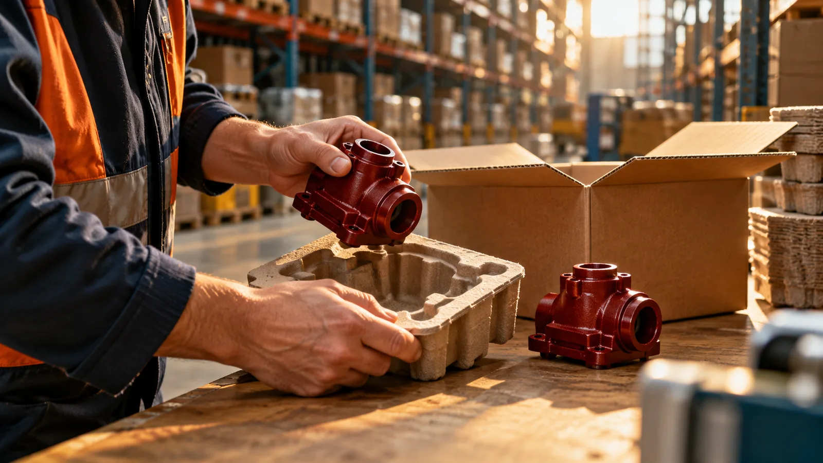 Hands checking a red metal component beside a matching part and an open parcel on a sunlit warehouse bench.