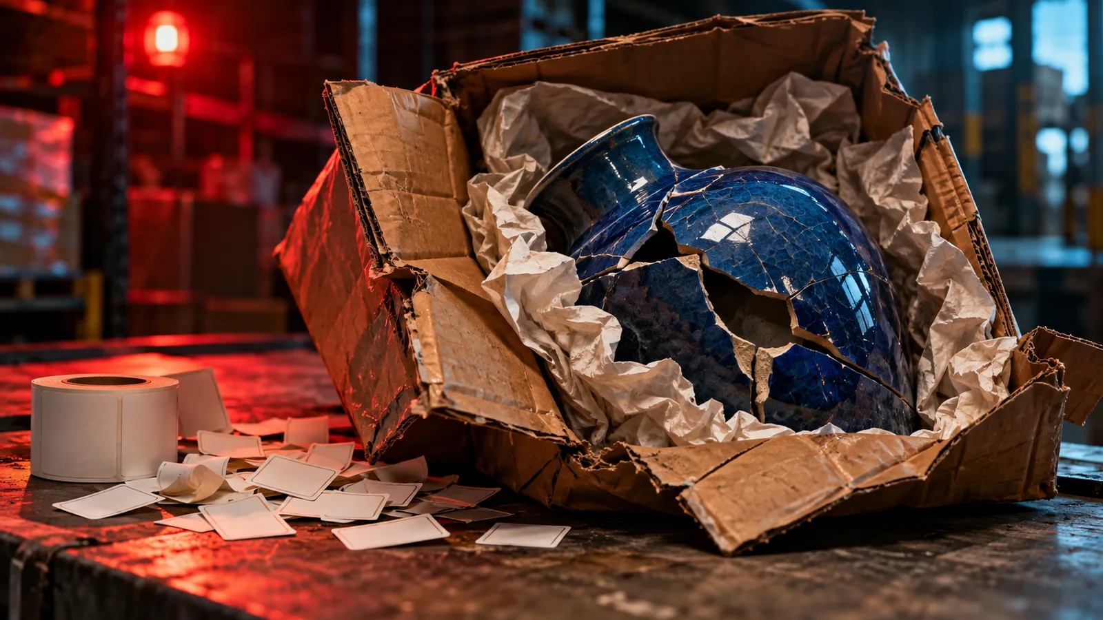 A cracked blue ceramic vase in a crushed parcel sits beside a roll and scattered pieces of blank labels.