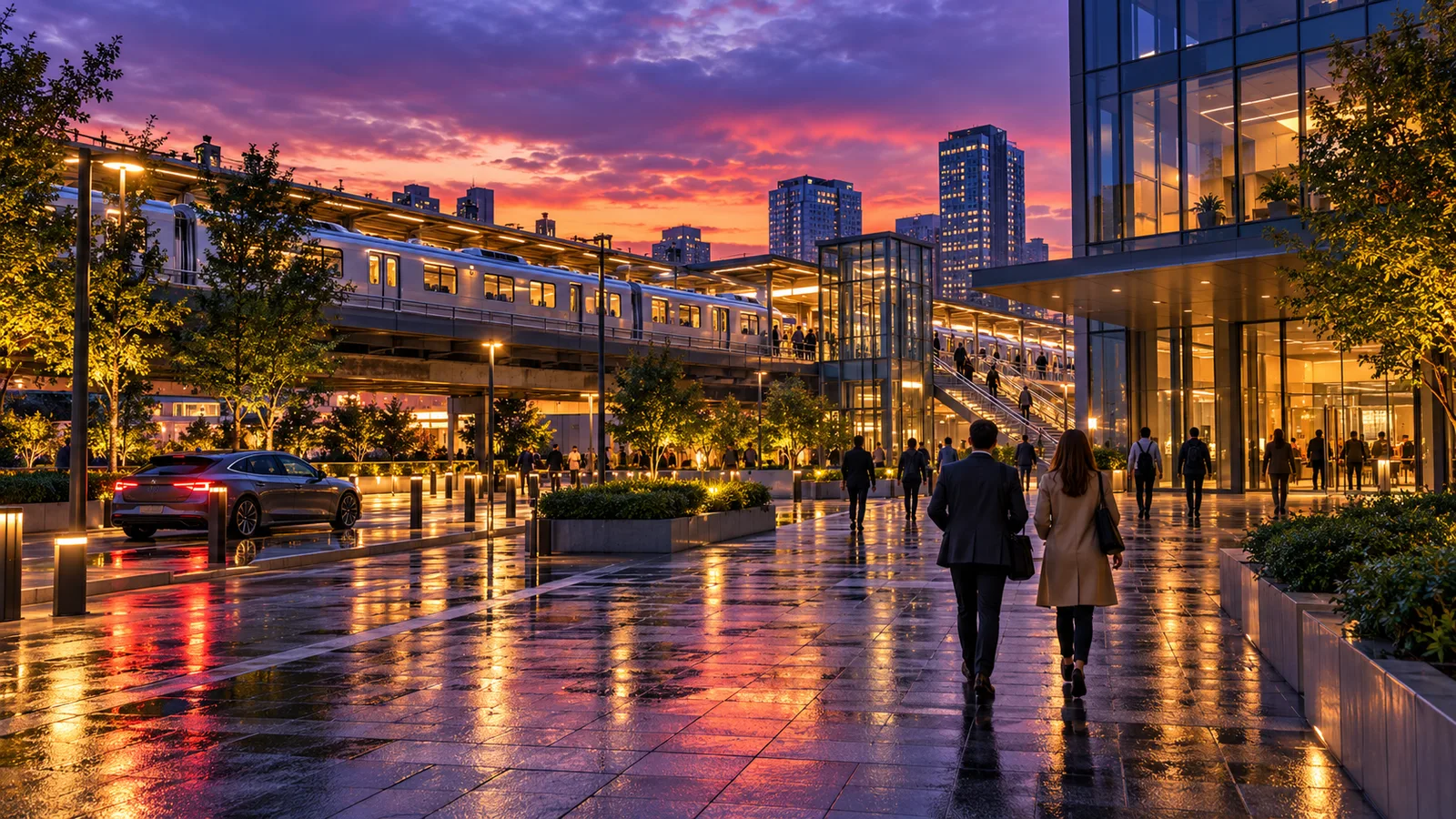Commuters walk toward an office beside a train station and car drop-off area under a violet and coral evening sky.